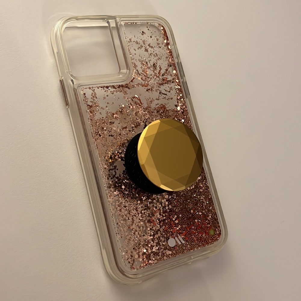 Casemate iPhone 11 Case Waterfall Pink Glitter and Gold Popsocket